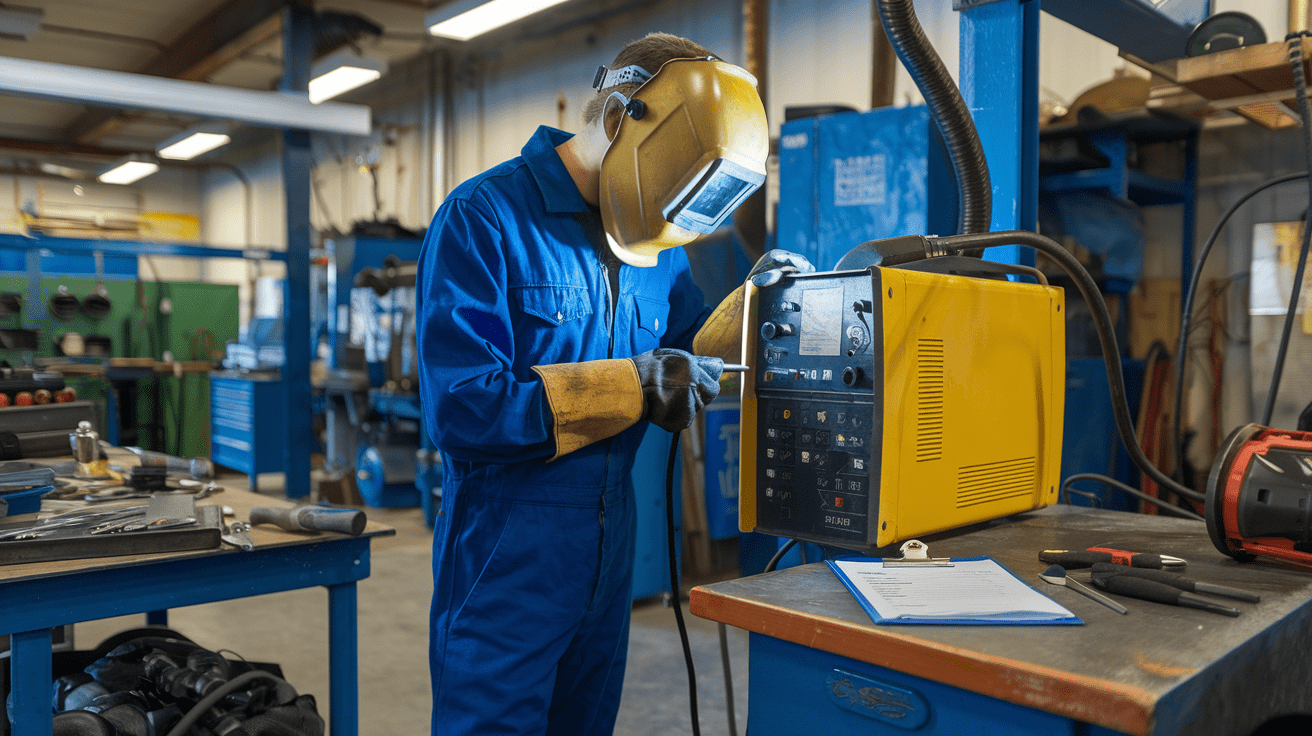Create a realistic image of a male welder in protective gear inspecting and maintaining a welding machine in a workshop, with tools neatly arranged nearby, a safety maintenance checklist visible on a clipboard, well-lit environment showing proper equipment storage, and clean workspace demonstrating good equipment care practices.