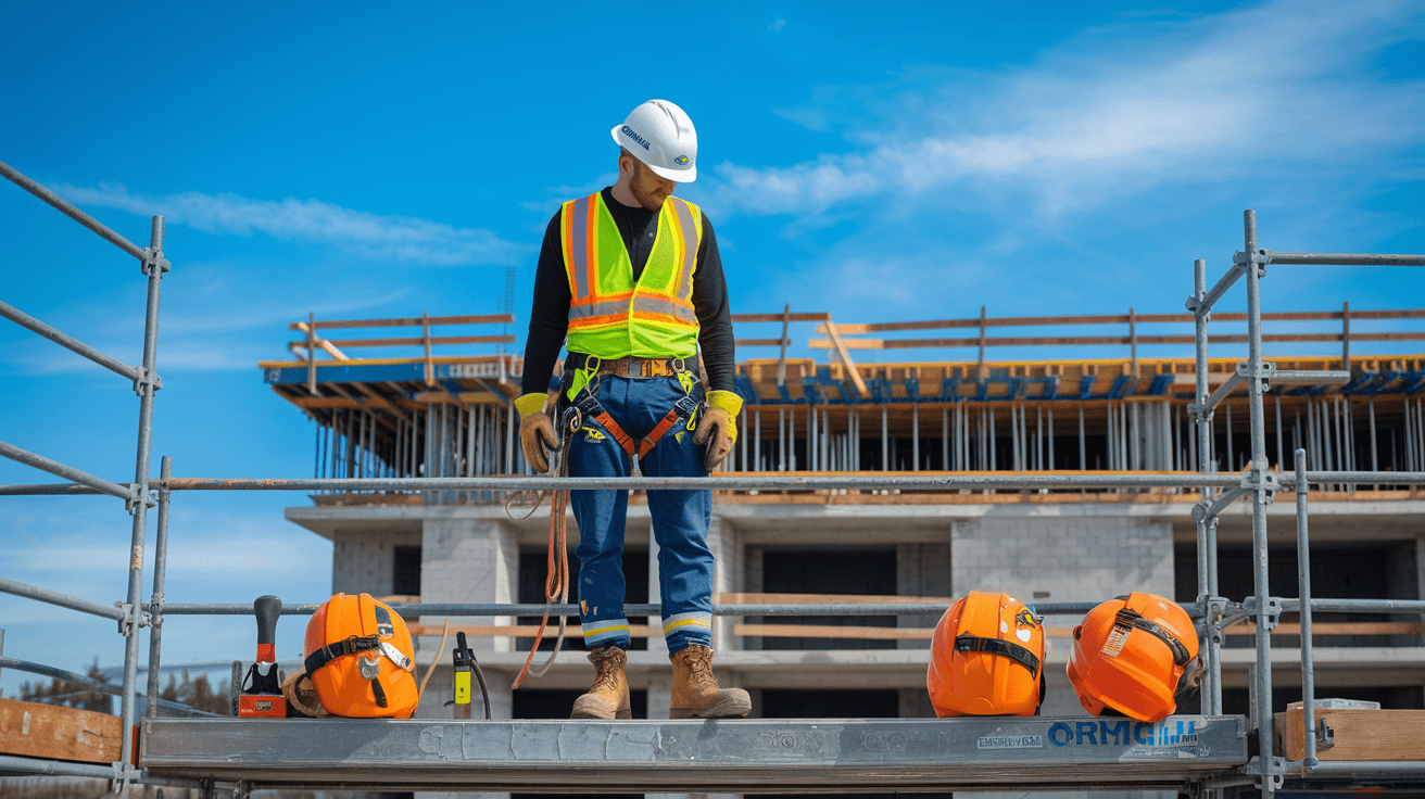 Create a realistic image of a construction worker wearing complete safety equipment for height work, including a hard hat, full-body harness, safety lanyard, gloves, safety boots, and high-visibility vest, standing on a scaffold with various safety tools and equipment neatly arranged nearby, against the backdrop of a multi-story building under construction, with clear blue sky, demonstrating proper safety protocols while working at elevation.
