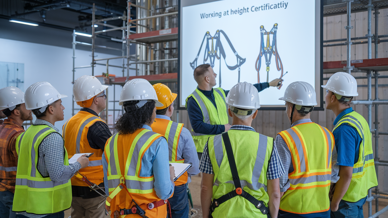 Create a realistic image of a diverse group of construction workers (white male, black female, and asian male) attending a safety training session for working at height, with a male instructor pointing to a safety diagram showing proper harness use, safety equipment and scaffolding visible in the background, participants wearing hard hats and taking notes, in a well-lit indoor training facility with "Working at Height Certification" visible on a presentation screen.