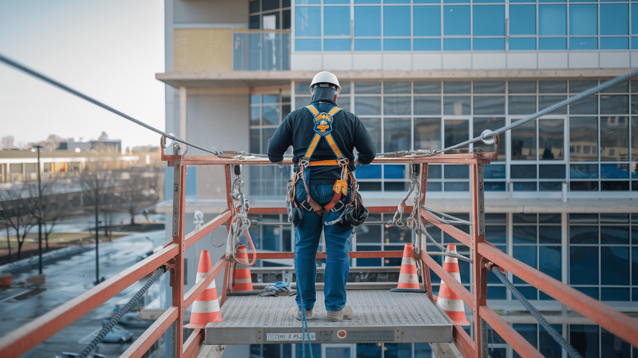 Create a realistic image of a construction worker wearing a full safety harness and hard hat accessing an elevated work platform safely, with proper guardrails visible, safety cones below, and clear weather showing a commercial building in the background, depicting professional safety practices for working at height.