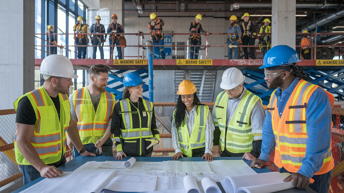 Create a realistic image of a construction site where a diverse team (including white male, black female safety officers) reviews blueprints and safety plans on a table near scaffolding, with workers visible in safety harnesses on elevated platforms in the background, hard hats and safety equipment prominently displayed, and warning signs about height safety visible.