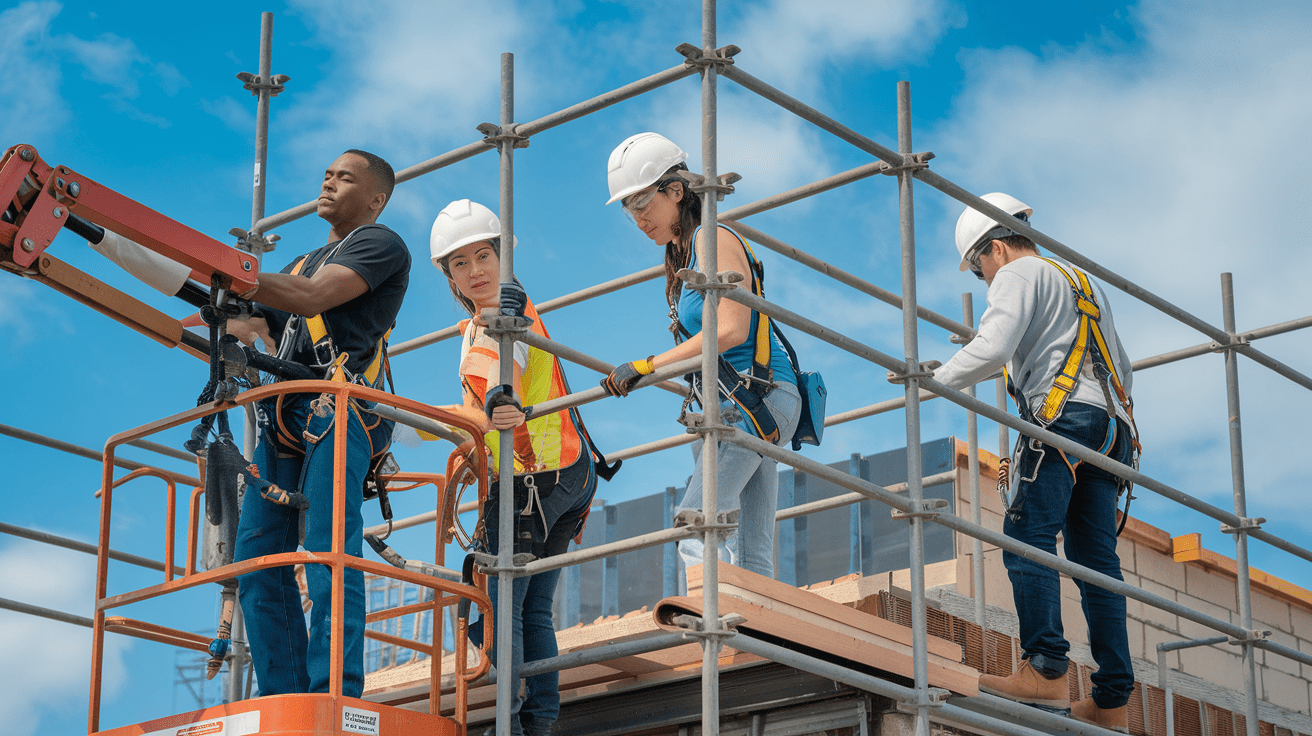 Create a realistic image of diverse construction workers - a Black male, an Asian female, and a White male - wearing safety harnesses and helmets while working at different heights on a construction site, with industry-specific equipment like scaffolding, cherry pickers, and roof access points visible, showcasing the varied height challenges across different industries under a clear blue sky.