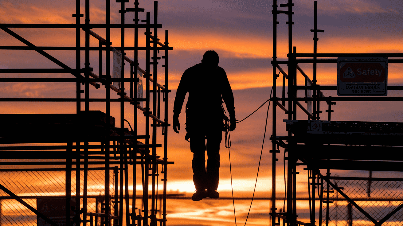 Create a realistic image of a silhouette of a worker safely descending from a construction site at sunset, wearing proper safety harness equipment, with the scaffolding and safety signs visible in the background, conveying the importance of height safety practices.
