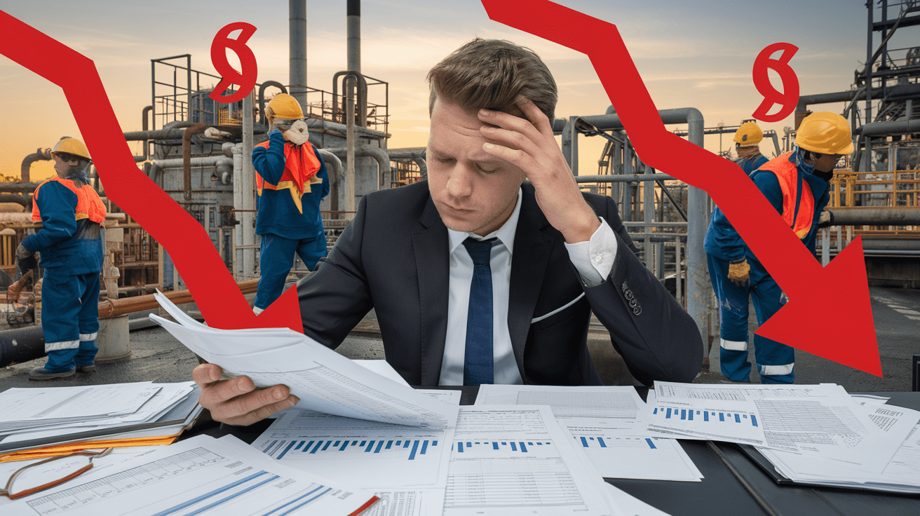 Create a realistic image of a stressed white male manager in a suit examining financial documents with red downward graphs and cost figures, while in the background workers at an industrial site are seen with incomplete permit paperwork scattered on a desk, symbolizing the financial consequences of inadequate permit management processes.