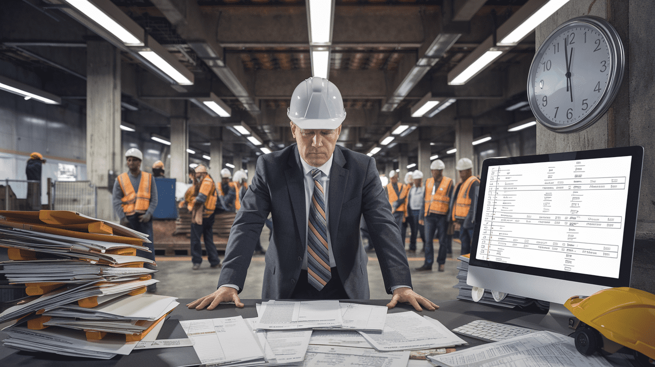 Create a realistic image of a frustrated middle-aged white male manager in a hard hat staring at a paper-filled desk with disorganized permit forms, a computer showing delayed project timelines, and workers standing idle in the background of an industrial setting, with a clock prominently displayed showing lost time, all under harsh fluorescent lighting that emphasizes the stressed atmosphere.