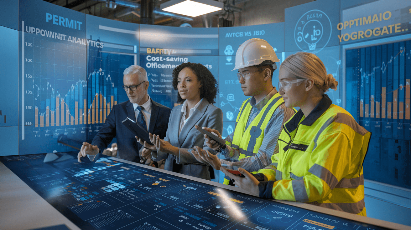 Create a realistic image of a diverse team of professionals (Black female manager, Asian male engineer, White female safety officer) gathered around a digital dashboard showing permit analytics with upward trending graphs, cost-saving metrics, and safety improvement indicators, in a modern industrial control room with soft blue lighting highlighting opportunity areas and optimization potential.