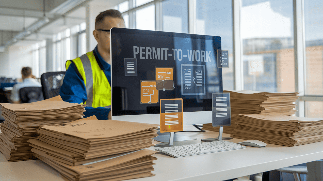 Create a realistic image of a safety manager at a desk reviewing digital permit-to-work documents on a computer screen, with stacks of paper forms being replaced by digital ones, symbolizing modernization of safety processes, with a bright office setting that suggests efficiency and reduced hidden costs.