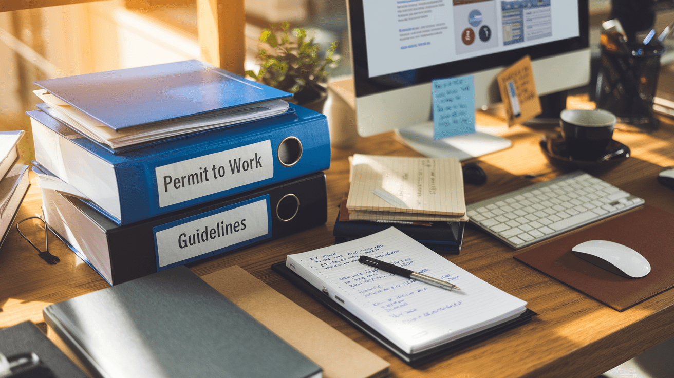 Create a realistic image of a well-organized desk with reference materials about workplace safety, featuring a stack of professional binders labeled "Permit to Work Guidelines," several industry standard books, a computer screen displaying a resource webpage, a notepad with handwritten notes, and a cup of coffee, all in warm office lighting suggesting a professional environment focused on compliance and safety resources.