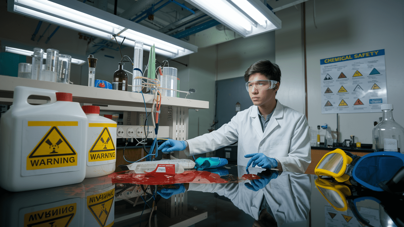 Create a realistic image of a laboratory setting with spilled chemicals on a workbench, hazard warning signs visible on containers, safety equipment (goggles, gloves, spill kit) nearby, and a concerned-looking Asian male scientist in a white lab coat pointing to a chemical safety chart on the wall, all under bright fluorescent lighting that highlights the potential danger of the situation.