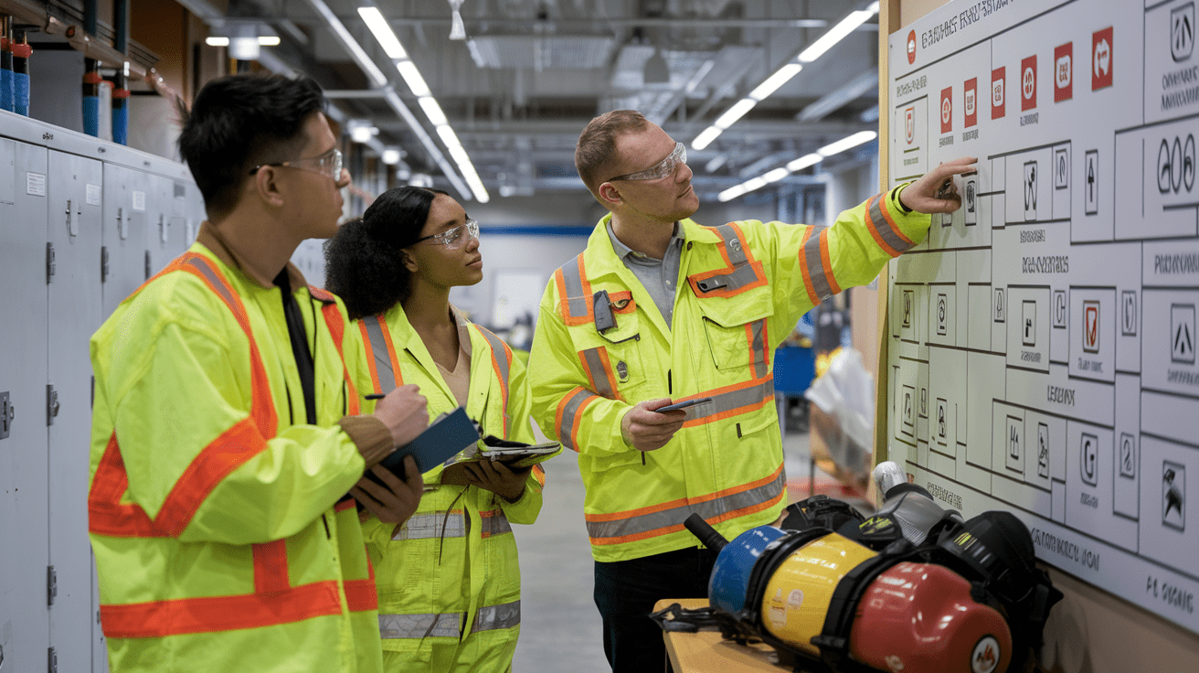 Create a realistic image of a safety team reviewing a chemical spill response plan, showing a white male safety manager pointing at a detailed wall chart with emergency procedures, response equipment locations, and evacuation routes, while team members of diverse races (Black female, Asian male) take notes, with personal protective equipment (hazmat suits, respirators) visible on a nearby table, in a well-lit industrial setting with clearly labeled chemical storage cabinets in the background.
