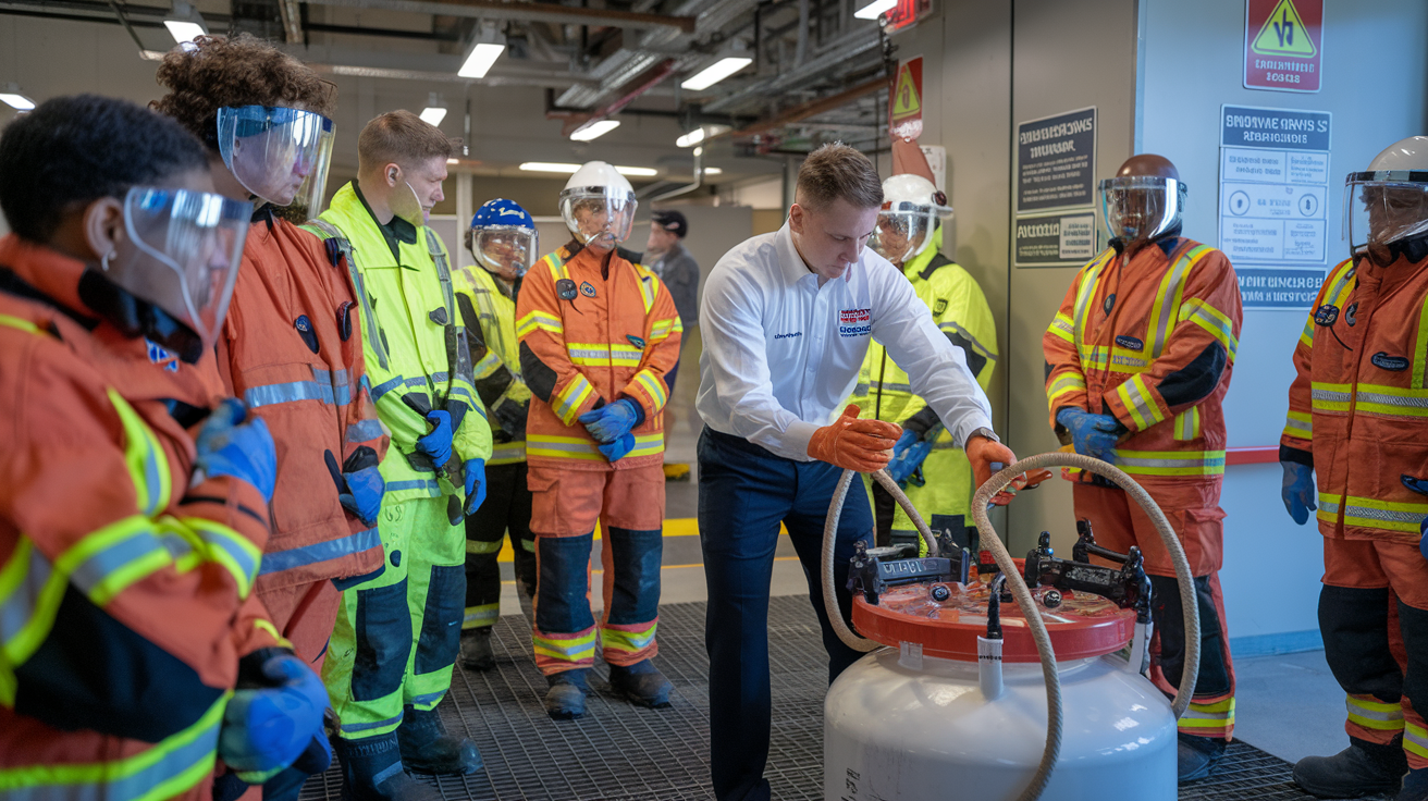 Create a realistic image of a diverse emergency response team in a training session, with a white male instructor demonstrating proper chemical spill containment techniques using safety equipment while team members of various races and genders in protective gear observe attentively, in a well-lit industrial facility with hazard signs visible in the background and emergency response procedures posted on a nearby wall.