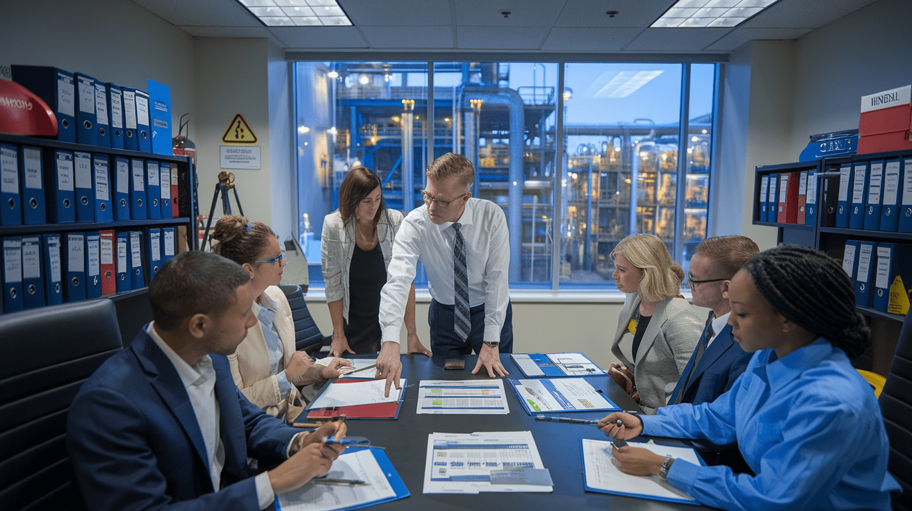 Create a realistic image of a diverse group of professionals in a conference room reviewing chemical safety regulations, with a white male plant manager pointing to compliance documents spread on the table, a black female safety officer taking notes, warning signage visible on the wall, binders labeled with OSHA and EPA regulations on shelves, and industrial chemical storage facility visible through the window, all under professional office lighting.