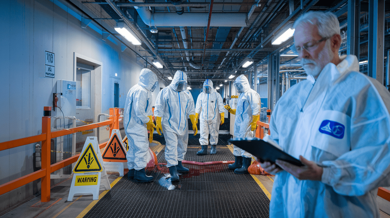 Create a realistic image of a cleanup team in hazmat suits containing a chemical spill in an industrial setting, with one white male supervisor reviewing documents on a clipboard, safety equipment visible in the foreground, warning signs being installed, and new containment protocols being implemented, all under bright, clinical lighting that emphasizes both the recovery process and preventative measures being taken.