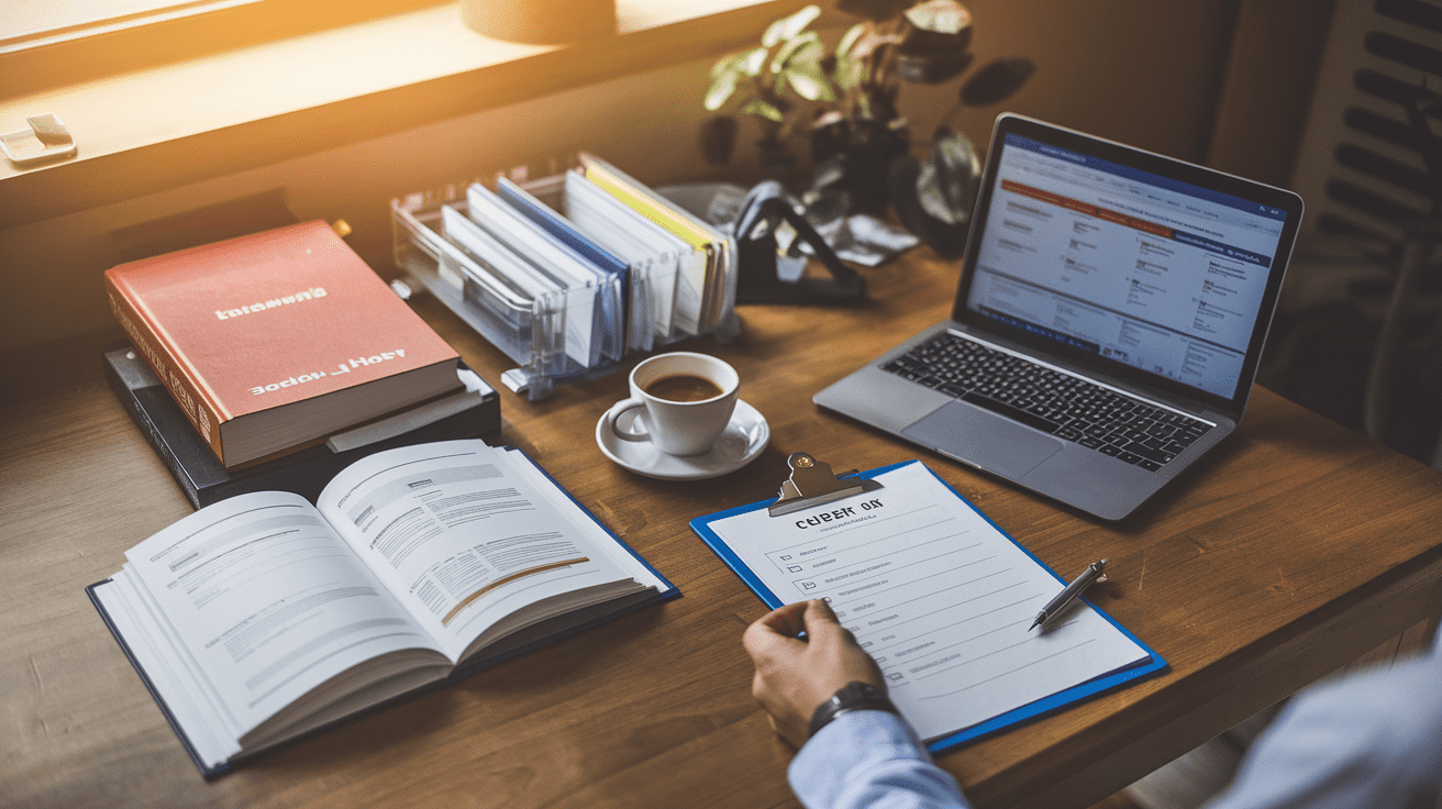 Create a realistic image of a wooden desk with an open reference book, a laptop displaying a chemical safety database, several organized emergency response guidebooks, a clipboard with a chemical spill procedure checklist, and a cup of coffee, all arranged neatly under warm office lighting, suggesting a person preparing for chemical spill response by consulting various resources.