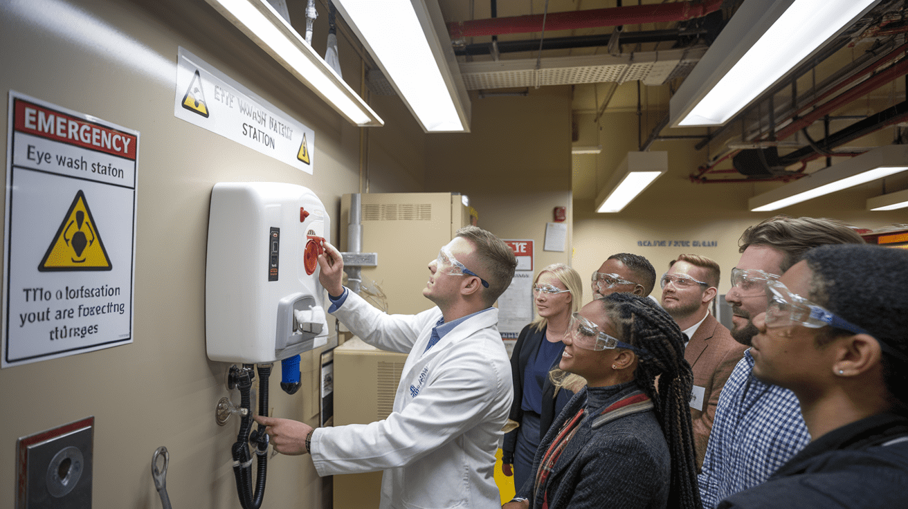 Create a realistic image of a laboratory or industrial setting with a properly installed eye wash station mounted on a wall, with clear signage above it. A white male worker in safety goggles and a lab coat is demonstrating proper eye wash station usage to a small diverse group of attentive colleagues. The background shows chemical storage cabinets and safety posters emphasizing eye protection protocols. The scene is well-lit with overhead fluorescent lighting highlighting the emergency equipment.
