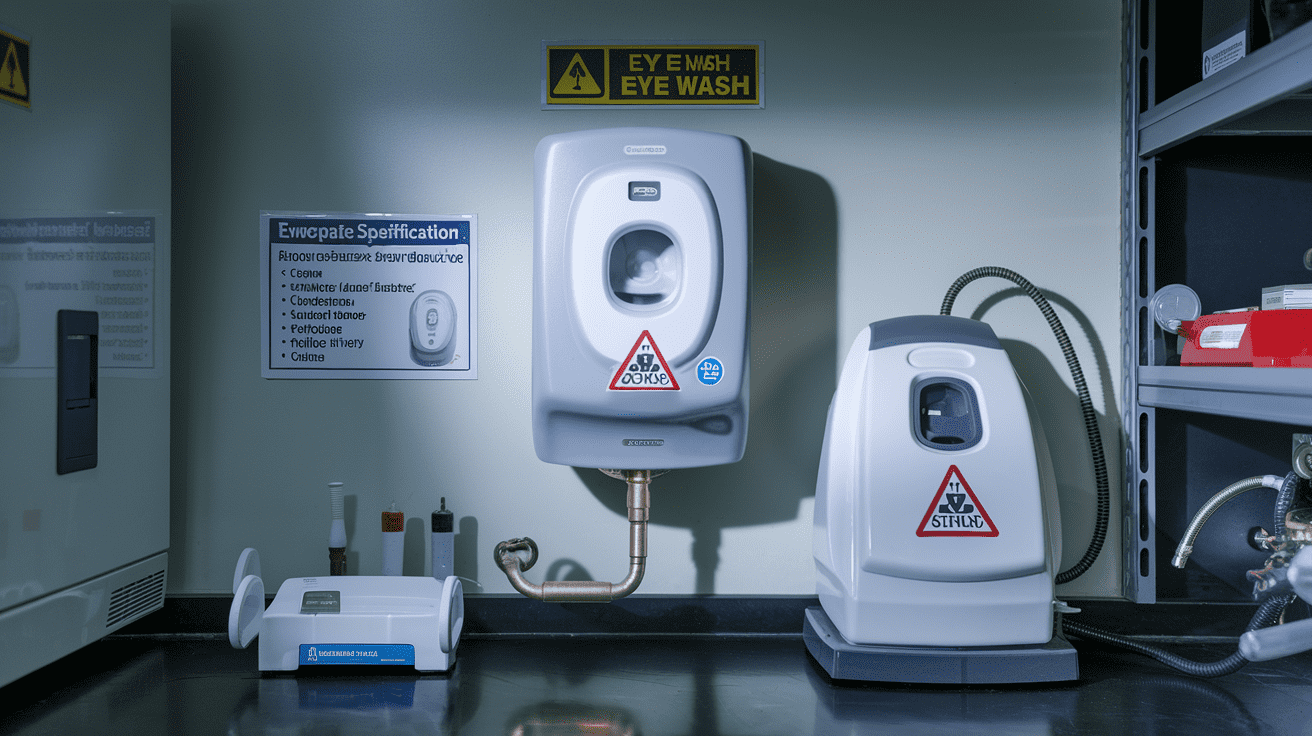 Create a realistic image of different types of eye wash stations in a laboratory setting, showing both plumbed units mounted on walls and portable eye wash stations on countertops, with clear safety signage visible, proper lighting highlighting the equipment, and a small equipment specifications chart nearby, demonstrating the appropriate installation heights and clearance areas required for emergency use.