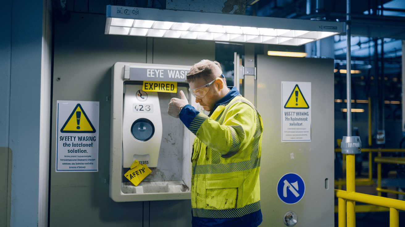 Create a realistic image of an industrial worker making dangerous mistakes at an eye wash station, including improper eye position, blocked access to the station, and expired solution visible on the inspection tag, with warning signs in the background and bright overhead lighting highlighting the safety violations.