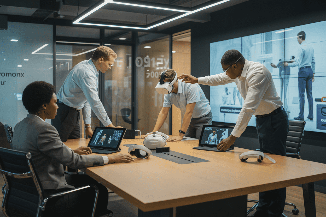 Create a realistic image of a modern corporate training room where a diverse group of adult professionals including white female, black male, and Asian male trainees are actively engaged with interactive digital safety training equipment, featuring VR headsets on a table, tablets displaying safety scenarios, and a large interactive touchscreen wall showing workplace safety simulations, with bright LED lighting creating an innovative learning atmosphere, wooden conference table in foreground, ergonomic chairs, and contemporary office interior design with glass walls and motivational workplace elements, absolutely NO text should be in the scene.