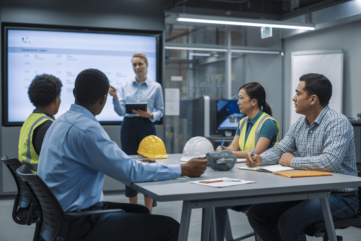Create a realistic image of a diverse group of employees in a modern training room setting, including a white female trainer presenting safety content on a large screen, with black male, Asian female, and Hispanic male employees sitting at tables taking notes and actively participating, safety equipment like hard hats and safety vests visible on tables, bright professional lighting illuminating the contemporary corporate training space with ergonomic chairs and collaborative seating arrangement, creating an engaging and inclusive learning atmosphere, absolutely NO text should be in the scene.