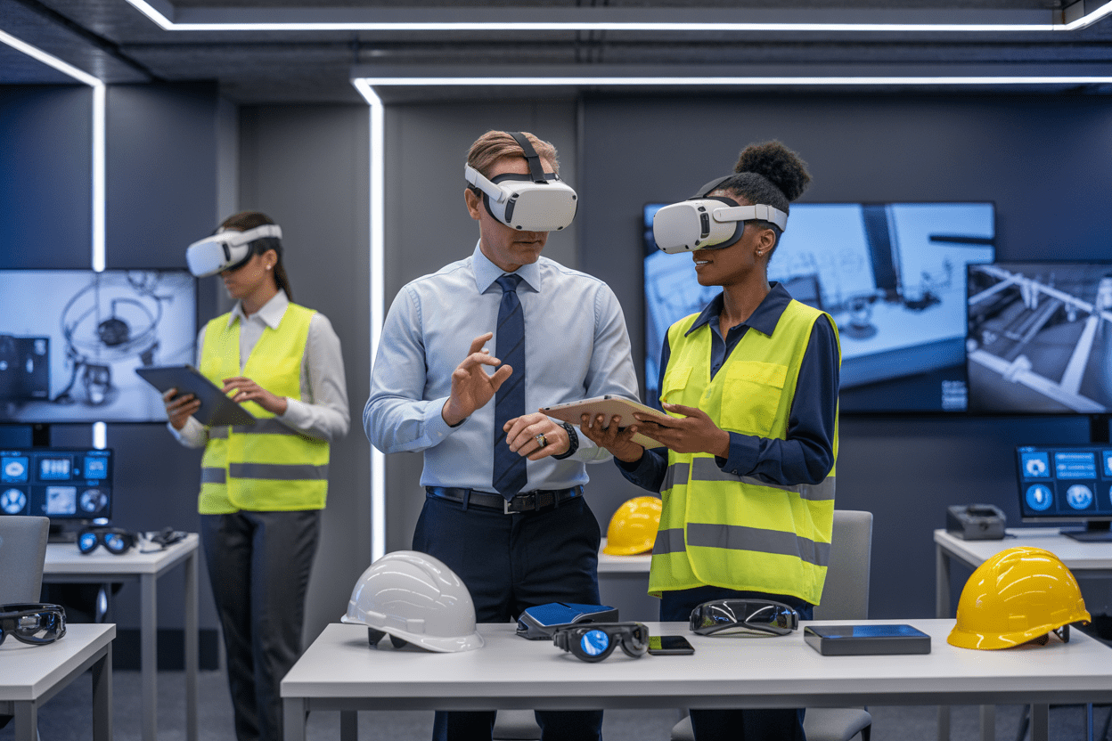 Create a realistic image of a modern training room with diverse professionals including a white male instructor and black female trainee using advanced technology for safety training, featuring VR headsets, tablets, interactive displays, and safety equipment like hard hats and high-visibility vests arranged on tables, with a sleek contemporary background showing digital screens displaying safety diagrams, professional lighting creating an engaging learning atmosphere, absolutely NO text should be in the scene.