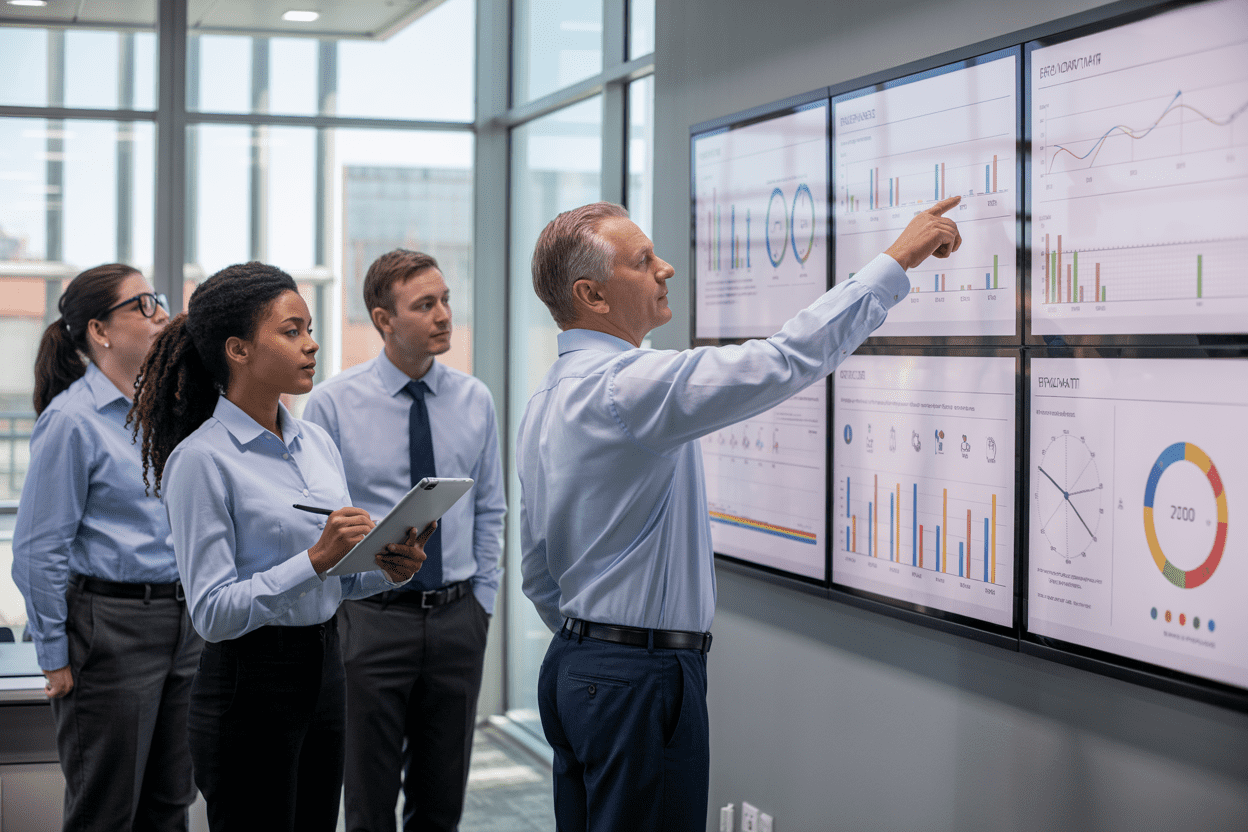 Create a realistic image of a diverse group of safety professionals analyzing training data on a large wall-mounted dashboard showing colorful charts, graphs, and performance metrics, with a white male supervisor pointing at improvement trends while a black female trainer takes notes on a tablet, set in a modern corporate training room with natural lighting from large windows, conveying a professional and analytical atmosphere focused on continuous improvement, absolutely NO text should be in the scene.