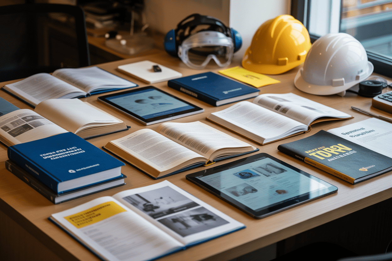 Create a realistic image of an organized collection of safety training materials including open books, research journals, digital tablets displaying safety documents, printed reference guides, and educational resources spread across a clean wooden desk, with safety equipment like hard hats and safety goggles visible in the background, soft natural lighting from a window, professional office or training room environment, absolutely NO text should be in the scene.