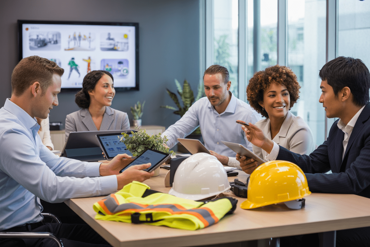 Create a realistic image of a modern corporate training room with diverse employees including white male, black female, and Asian male professionals sitting around a conference table, engaging with digital tablets and interactive safety equipment like hard hats and safety vests displayed on the table, with a large wall-mounted screen showing colorful safety infographics in the background, bright natural lighting from large windows, collaborative and positive atmosphere with people actively discussing and participating, clean professional environment with plants and modern furniture, warm and inviting mood that conveys successful learning outcomes and team engagement, absolutely NO text should be in the scene.