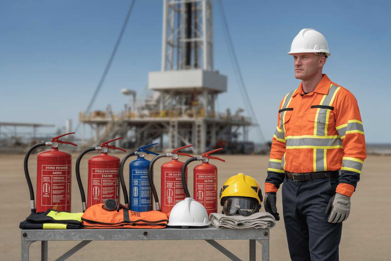Create a realistic image of a white male safety inspector in high-visibility clothing and hard hat standing next to an organized display of fire safety equipment including fire extinguishers, emergency breathing apparatus, safety helmets, protective suits, and first aid kits laid out on a metal table, with an industrial drilling rig structure visible in the blurred background under bright daylight conditions, conveying a professional preparation atmosphere before equipment inspection begins, absolutely NO text should be in the scene.