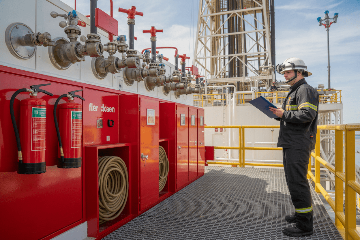 Create a realistic image of a drilling rig platform showing multiple fire suppression systems including red fire extinguishers mounted on walls, overhead sprinkler systems with visible nozzles, foam suppression equipment, emergency fire hoses in red cabinets, and fire detection sensors, with an inspector in safety gear holding a clipboard and documenting the locations of these systems, set against an industrial oil rig background with steel structures and equipment, bright daylight lighting, absolutely NO text should be in the scene.