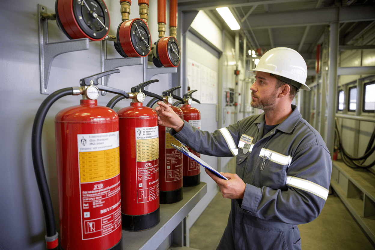 Create a realistic image of a close-up view of multiple portable fire extinguishers mounted on a wall bracket inside an industrial drilling rig facility, with a white male safety inspector in work coveralls and hard hat examining the pressure gauge and safety pin of a red fire extinguisher, industrial steel walls and equipment visible in the background, bright fluorescent lighting creating clear visibility for inspection work, the inspector holding a clipboard and pointing at the extinguisher's inspection tag, additional fire safety equipment visible nearby including fire hose and emergency signage, professional industrial safety atmosphere, absolutely NO text should be in the scene.