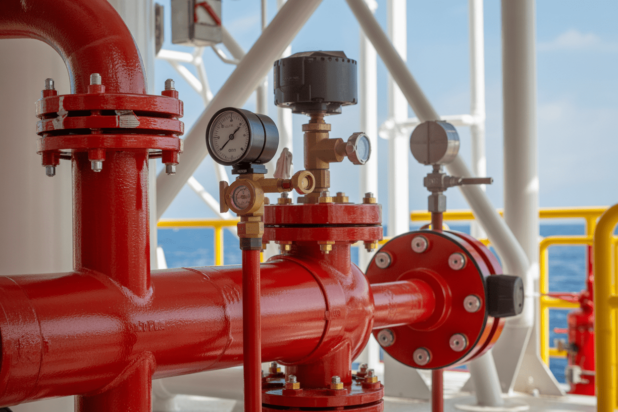 Create a realistic image of a close-up view of fixed fire suppression system components on an offshore drilling rig, featuring red painted steel piping with pressure gauges, sprinkler heads, control valves, and mounting brackets against an industrial metal framework background, with bright daylight illuminating the metallic surfaces and creating sharp shadows that emphasize the industrial safety equipment details, absolutely NO text should be in the scene.