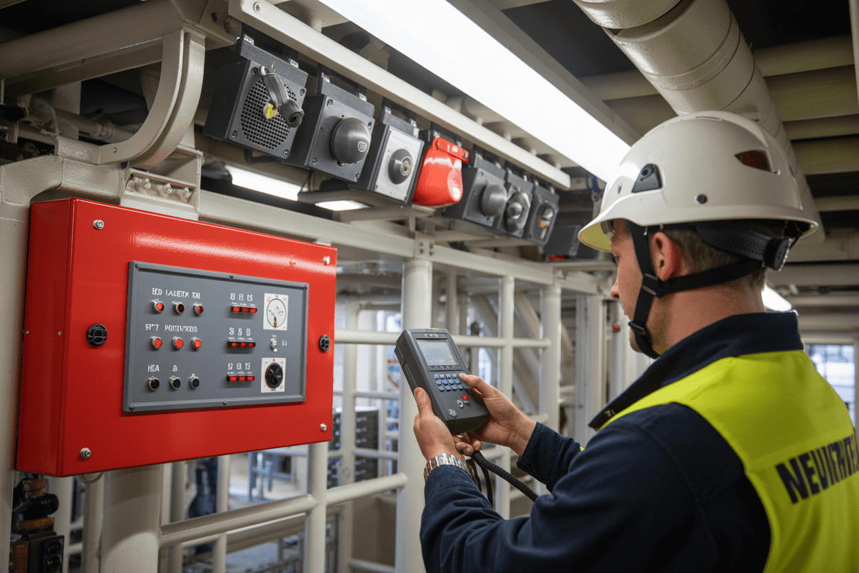 Create a realistic image of a close-up view of fire detection and alarm system equipment on an industrial drilling rig, featuring red fire alarm control panel with LED indicator lights, smoke detectors mounted on metal ceiling, heat sensors, and alarm speakers, with a white male technician in safety helmet and high-visibility vest using a handheld testing device to check the system functionality, industrial steel framework and piping visible in background, bright fluorescent lighting illuminating the scene, professional inspection atmosphere. Absolutely NO text should be in the scene.