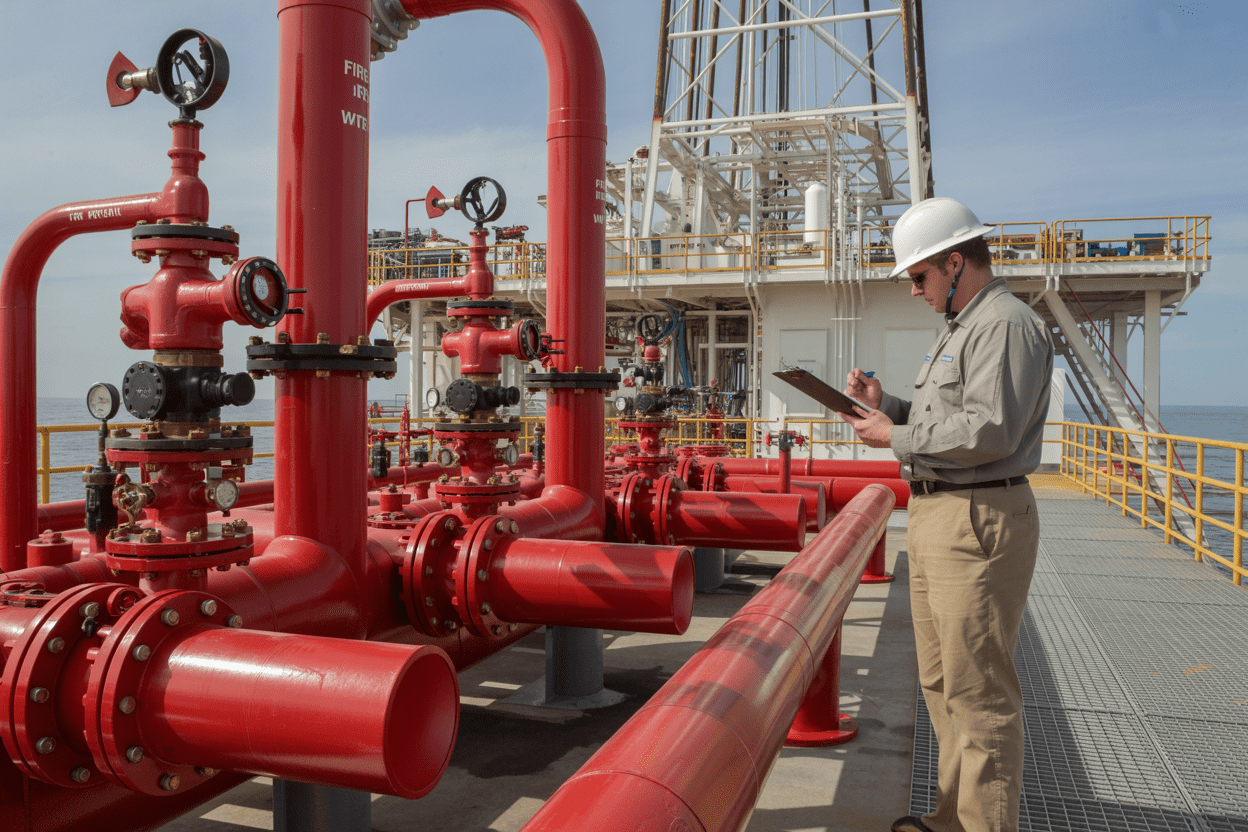 Create a realistic image of a drilling rig fire water supply system showing large red fire water pipes, pumps, and distribution networks with valves and gauges, featuring a white male inspector in safety gear examining the equipment with a clipboard, set against an industrial offshore or land-based drilling platform background with metal structures and equipment, captured in bright daylight with clear visibility of all components, absolutely NO text should be in the scene.