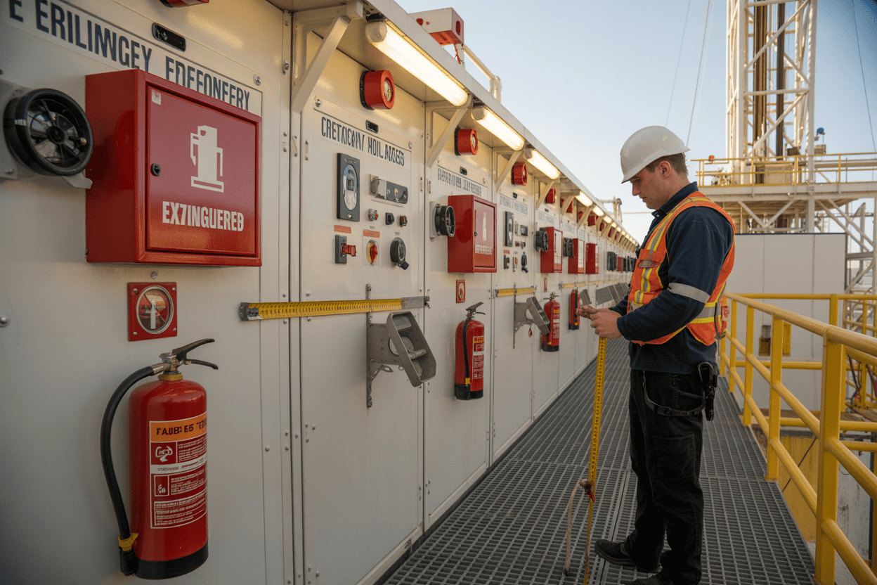 Create a realistic image of a drilling rig platform showing emergency response equipment stations with clearly marked fire extinguishers mounted on accessible wall brackets, emergency alarm pull stations, first aid kits in visible red cases, and safety shower stations, all positioned along well-lit walkways with bright industrial lighting, featuring a white male safety inspector in hard hat and high-visibility vest checking the accessibility of equipment by measuring distances and clearances with a measuring tape, set against the industrial backdrop of drilling machinery and metal grating floors, with clear pathways and proper spacing around all emergency equipment, absolutely NO text should be in the scene.