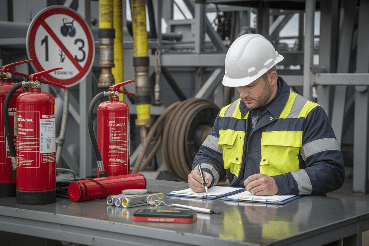 Create a realistic image of a white male safety inspector in hard hat and high-visibility vest sitting at a metal desk on an industrial drilling rig platform, writing detailed notes on inspection forms and clipboards while examining red fire extinguishers and safety equipment laid out on the table, with defective fire hose reels and damaged safety signs visible in the background, under bright industrial lighting that emphasizes the serious documentation process, absolutely NO text should be in the scene.