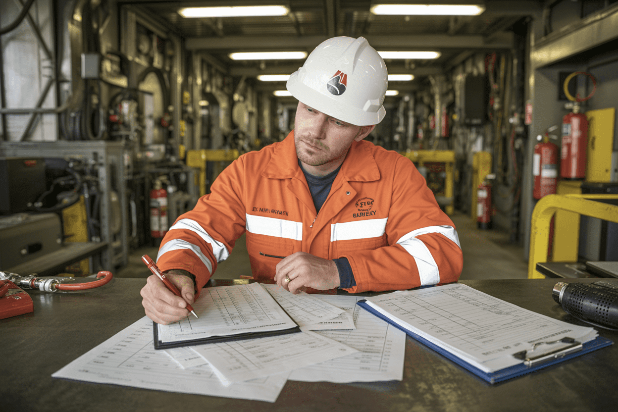 Create a realistic image of a white male safety inspector in orange coveralls and hard hat sitting at a metal desk inside a drilling rig facility, writing on official repair documentation with a red pen while examining fire safety equipment inspection reports spread across the desk, with a clipboard containing prioritized maintenance checklists, fire extinguishers and safety equipment visible in the industrial background, under bright fluorescent lighting that emphasizes the serious, professional atmosphere of equipment maintenance planning, absolutely NO text should be in the scene.