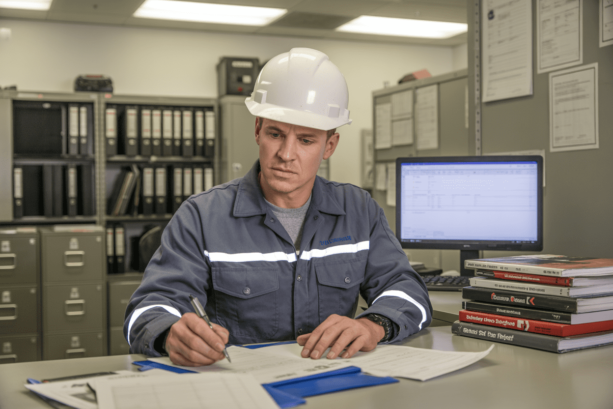 Create a realistic image of a white male safety inspector in work uniform and hard hat sitting at a desk in an industrial office setting, filling out inspection forms and compliance documents with a pen, with filing cabinets containing safety records visible in the background, a computer monitor displaying digital documentation, and drilling rig equipment manuals stacked nearby, under bright fluorescent office lighting with a professional and organized atmosphere. Absolutely NO text should be in the scene.