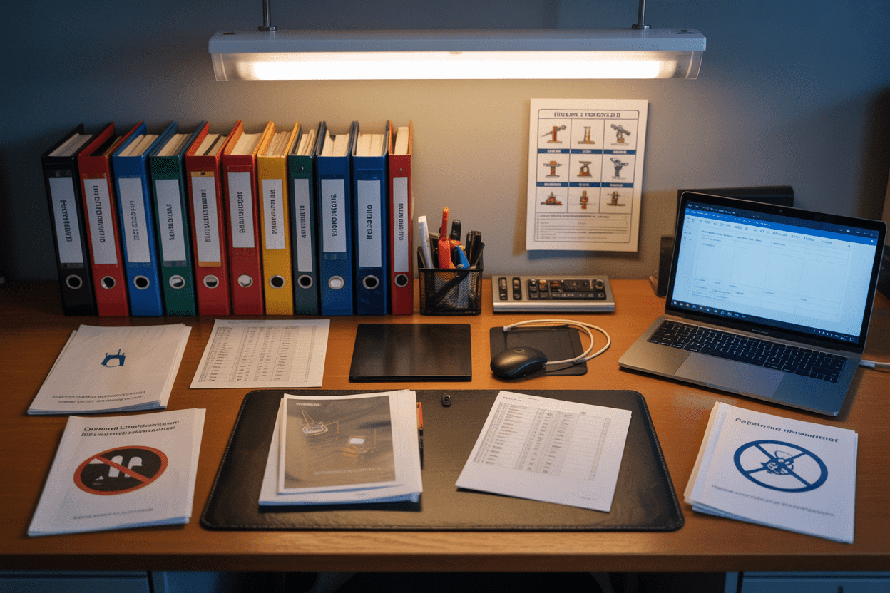 Create a realistic image of an organized desk or workstation displaying drilling rig safety manuals, technical documentation binders, a laptop computer showing safety guidelines, industrial fire equipment reference charts, and regulatory compliance documents spread across a clean wooden surface, with proper office lighting illuminating the materials from above, creating a professional and educational atmosphere. Absolutely NO text should be in the scene.