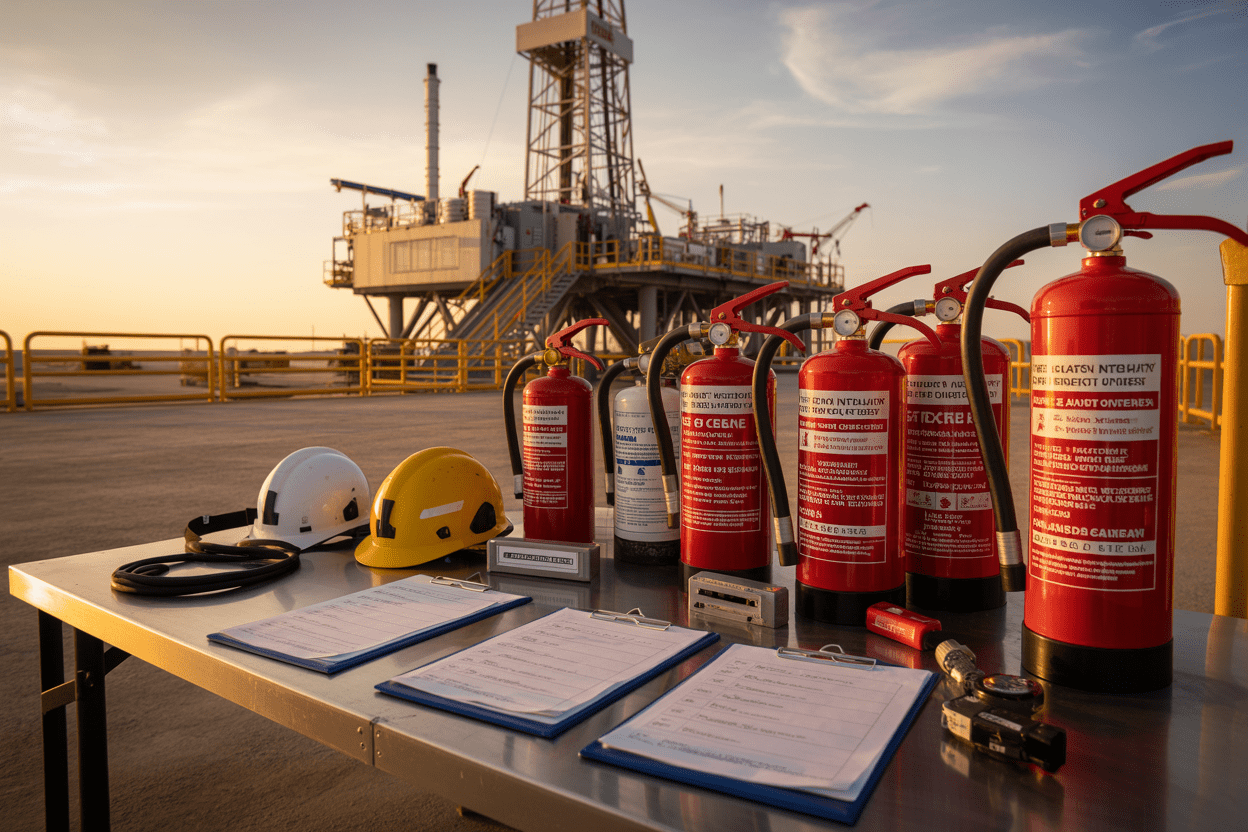 Create a realistic image of a drilling rig platform at sunset with completed fire safety inspection equipment prominently displayed in the foreground, including various types of fire extinguishers, safety helmets, inspection checklists on clipboards, and fire detection devices neatly arranged on a metal table, with the drilling rig structure and industrial equipment visible in the background under warm golden lighting that conveys a sense of completion and safety preparedness, absolutely NO text should be in the scene.