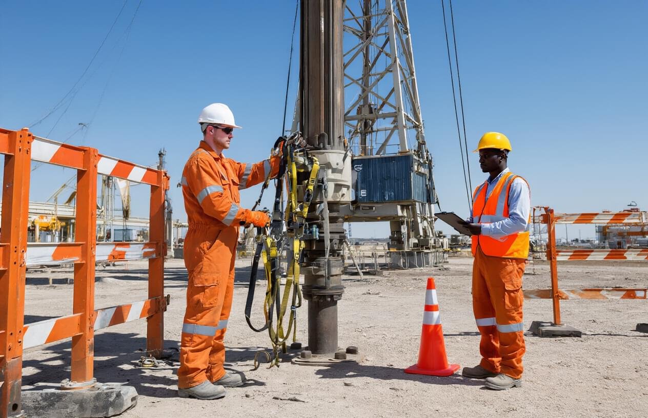 Create a realistic image of a white male worker in orange safety coveralls and hard hat performing maintenance on a large drilling rig mast, with another black male supervisor in safety vest holding a clipboard nearby, surrounded by safety equipment including harnesses, safety cones, and warning barriers, set against an industrial oil field background with clear blue sky, emphasizing workplace safety protocols and professional maintenance procedures, absolutely NO text should be in the scene.
