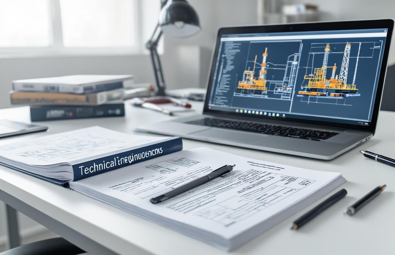 Create a realistic image of technical manuals, reference books, and documentation spread across a clean desk surface, with industrial engineering handbooks, maintenance guides, and technical specifications visible, alongside a laptop computer displaying technical diagrams, with drilling rig equipment catalogs and safety protocol documents organized nearby, set in a well-lit professional office environment with neutral lighting, absolutely NO text should be in the scene.