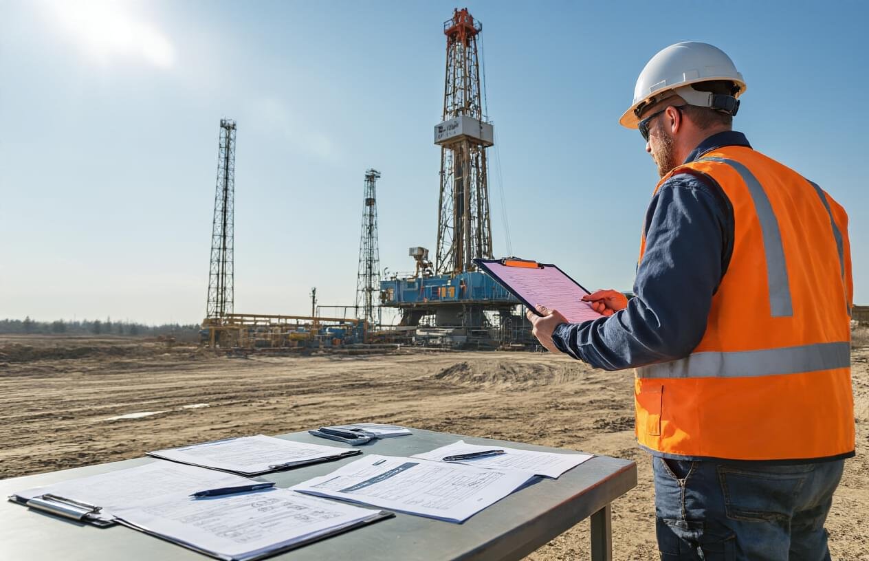 Create a realistic image of a white male engineer in safety gear holding a clipboard and pen while standing next to a towering drilling rig mast, with inspection checklists and maintenance schedules spread out on a nearby table, industrial oil drilling site in the background with clear daytime lighting, professional maintenance planning atmosphere, absolutely NO text should be in the scene.