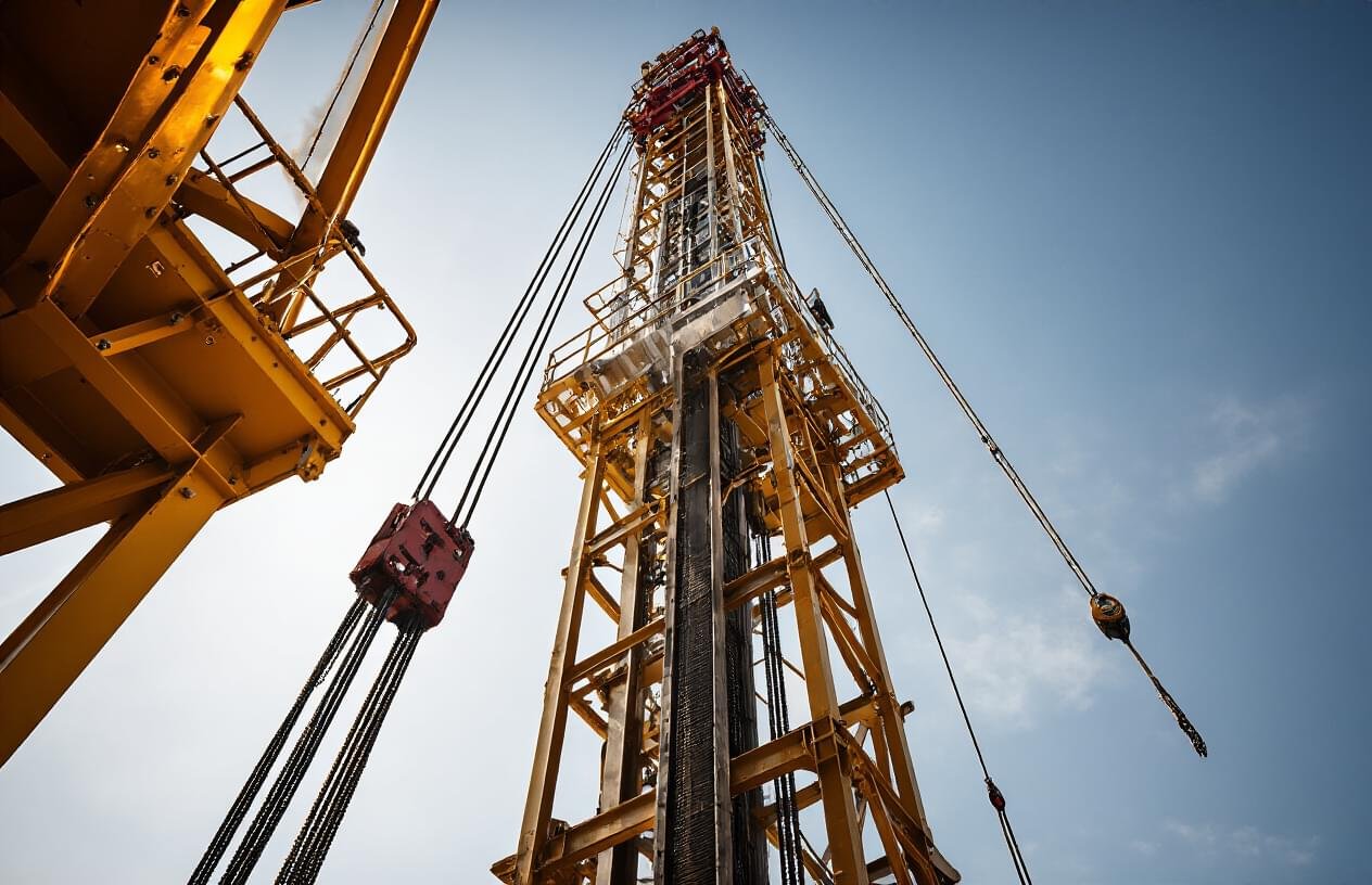 Create a realistic image of a close-up view of a drilling rig mast showing its critical structural components including steel framework, guide rails, traveling block system, crown block at the top, hydraulic cylinders, support cables, and connection joints, with industrial lighting highlighting the metallic surfaces and engineering details, set against a clear sky background on an active drilling site, captured from a low angle perspective to emphasize the towering structure and mechanical complexity, absolutely NO text should be in the scene.