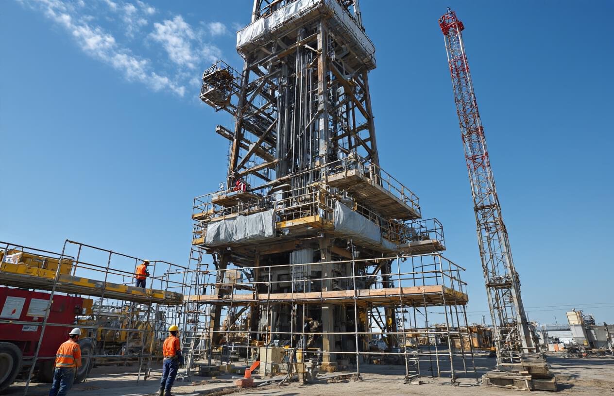 Create a realistic image of a large drilling rig mast towering against a clear blue sky, with visible maintenance equipment including scaffolding, inspection platforms, and protective covers around critical joints and components, showing workers in hard hats and safety gear performing routine maintenance tasks, with maintenance tools and equipment organized nearby, industrial setting with well-maintained infrastructure, bright daylight lighting emphasizing the professional upkeep and care of the massive steel structure, absolutely NO text should be in the scene.