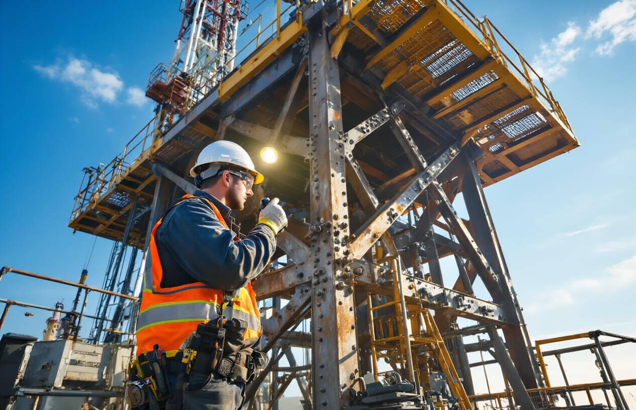 Create a realistic image of a close-up view of a drilling rig mast structure showing preventive maintenance work in progress, with a white male technician in safety gear and hard hat inspecting structural joints and connections using a flashlight, maintenance tools and equipment scattered nearby on a work platform, industrial oil rig environment in the background under bright daylight with clear sky, emphasizing the detailed metalwork and structural integrity of the mast components, absolutely NO text should be in the scene.