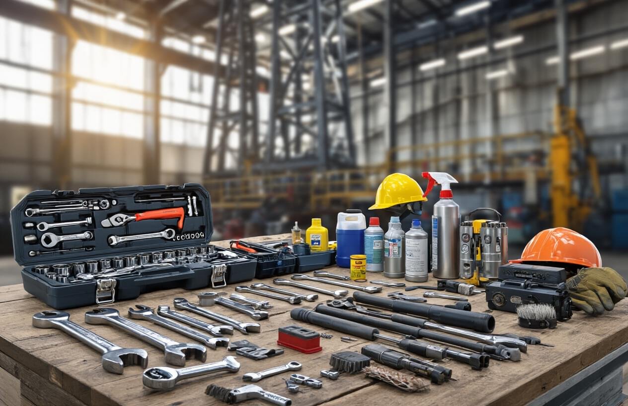 Create a realistic image of essential maintenance tools and equipment neatly organized on a sturdy workbench, including wrenches, socket sets, torque wrenches, hydraulic jacks, inspection gauges, safety harnesses, hard hats, work gloves, lubricating oils in containers, cleaning solvents, metal brushes, and diagnostic equipment, with a drilling rig mast structure visible in the blurred background under bright industrial lighting, conveying a professional maintenance environment. Absolutely NO text should be in the scene.